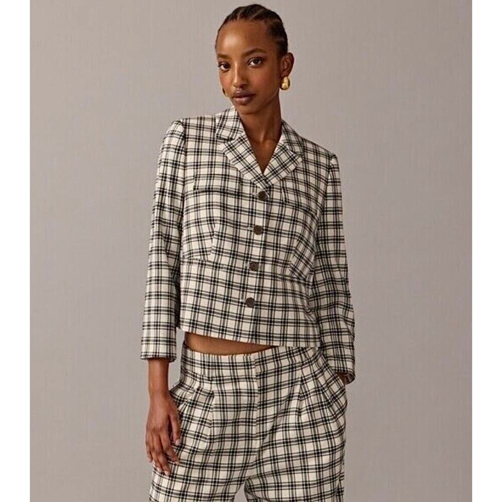 J.Crew Collection Blazer-Jacket Plaid Italian City Wool Ivory Black Size 4 Chic